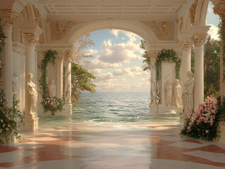 an architectural structure with columns and statues, with the sea visible through the open space. The scene is surreal, as the water from the sea is pouring into the interior of the structure.