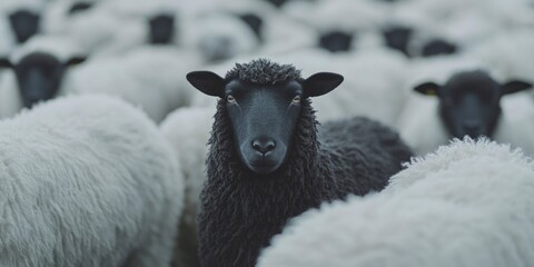 Black sheep in the middle of white sheep, focus on the black one.