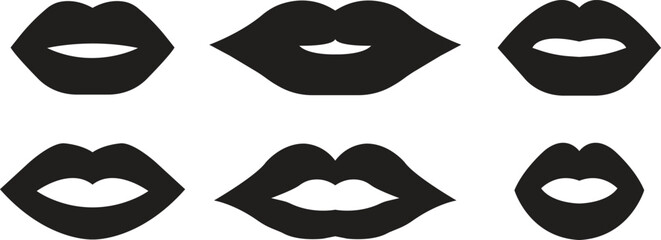 Lips gesture black flat icons vectors set. Mouth expressing emotions signs. Design elements for romantic poster. love symbols. Concept of beauty and fashion print isolated on transparent background.