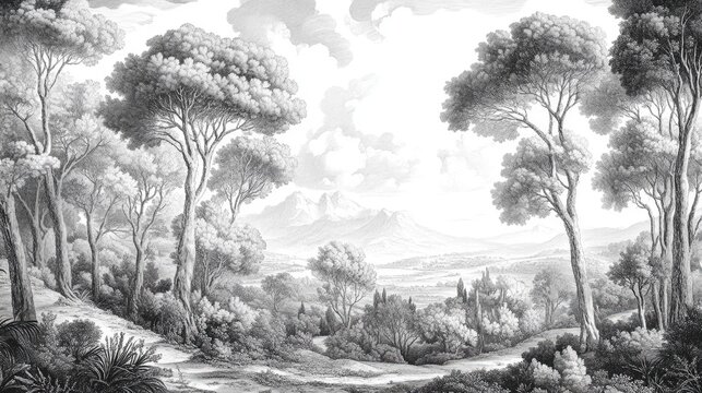 vintage drawing landscape forests of ancient European of trees wallpaper black and white Design for wallpaper, wall art, fresco, mural