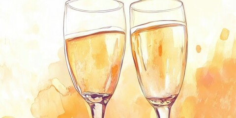 Champagne glasses clinking, golden background, pastel colors.
