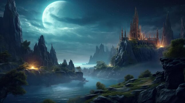 A view of a mysterious building, a small river, and a supermoon at night. 4k animated video