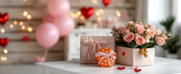 Romantic valentine's day setting with roses, gift boxes, and heart decorations