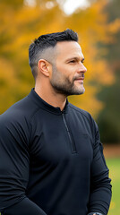 Man autumn park profile contemplative outdoors fall background lifestyle portrait. generative ai
