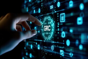 Hand touching a GRC icon on a digital screen, with a technology background