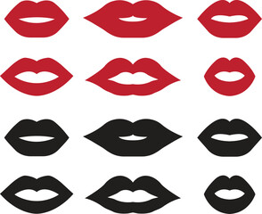 Lips gesture red and black flat icons set. Mouth expressing emotions signs. Design elements for romantic poster. love symbols. Concept of beauty and fashion print isolated on transparent background.