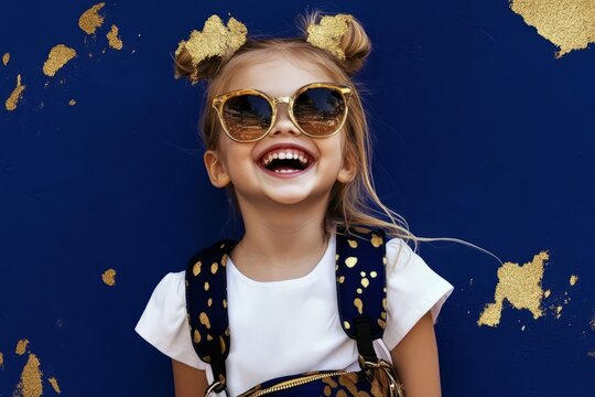 Happy students.     The cheerful girl smiles at the camera as she stands with her backpack on the blue background of the studio.     Back to the concept of school