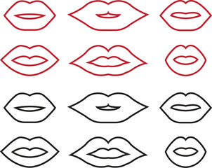 Lips gesture red and black line icons set. Mouth expressing emotions signs. Design elements for romantic poster. love symbols. Concept of beauty and fashion print isolated on transparent background.