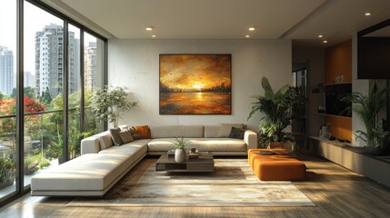 Modern living room, sunset artwork, city view.