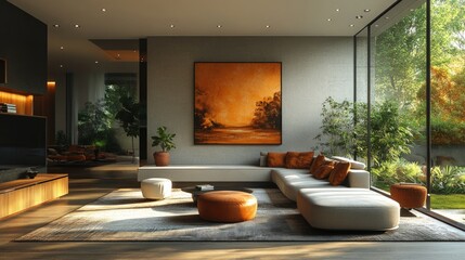 Modern living room, large windows, nature view.