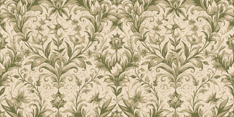 Elegant floral pattern in green and cream tones, perfect for home decor and textile design.