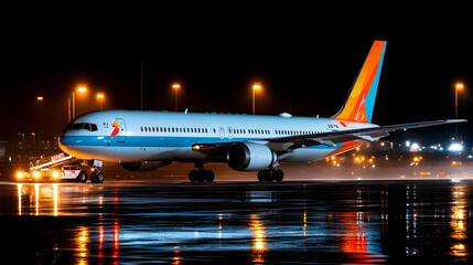 Fototapeta premium Night airport tarmac, airplane taxiing, city lights, wet runway, travel. generative ai