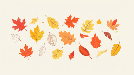 Floating colorful autumn leaves in shades of red orange and yellow against a light beige background symbolizing fall season