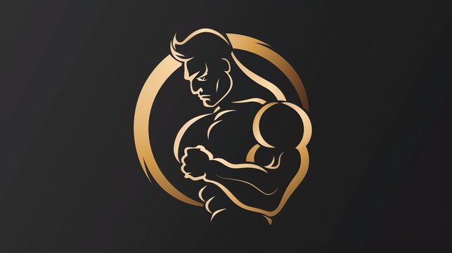 A gold silhouette of a muscular man flexing in a circular design.