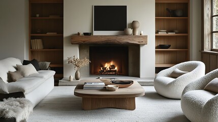 Cozy living room with fireplace, sofas, and coffee table.