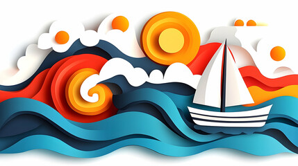 Paper art sailboat navigating stormy ocean waves, sunset background, travel poster design. generative ai