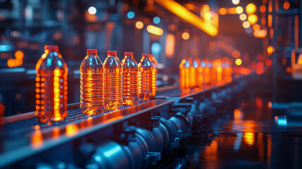 Automated bottling plant with orange lighting and plastic bottles on conveyor