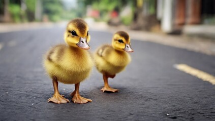Close up small duckling on the asphalt road in Thailand
