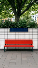 Red bench park urban setting green background relaxation city. generative ai