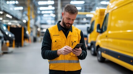 Efficient fleet manager using smartphone in warehouse, balancing tasks and communication. Focused on delivery operations with yellow vehicles in background