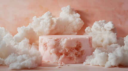 A hyper-realistic photograph of a pastel pink pedestal floating against a gradient peach backdrop, surrounded by soft white clouds with fluffy textures. Subtle lighting creates delicate shadows and hi