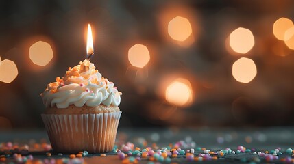A mouthwatering birthday cupcake with a lit candle set against a backdrop of softly blurred lights leaving room for a personalized message