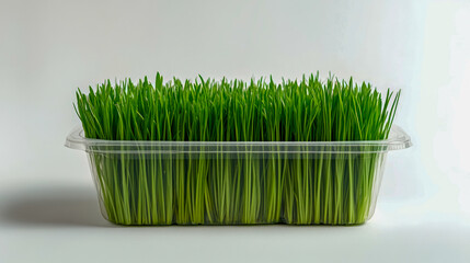 Naklejka premium Fresh wheatgrass in transparent plastic tray on white background