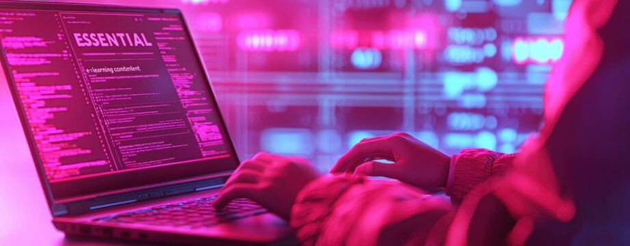 Close-up of Hands Typing on Laptop with Colorful Code Background