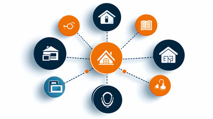 Smart home network infographic, connecting house to security, education, communication, showing services and applications, for website or presentation. generative ai