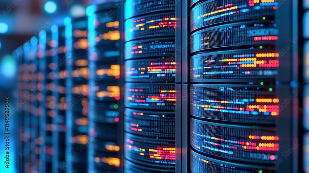 Poster Illuminated Server Racks Displaying Data Streams