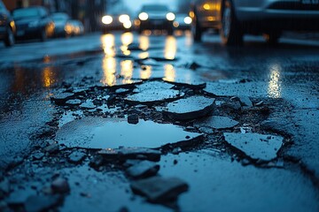 potholed road at town