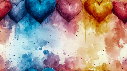 Fototapeta premium Colorful watercolor hearts on a multicolored abstract background