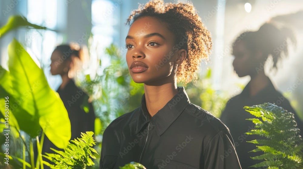 Poster Models exhibit a unique fashion collection in a serene setting filled with vibrant plants, creating a harmonious blend of style and nature