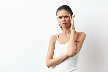 woman, expression, confused, emotional, portrait, close up on a plain white background showing a...