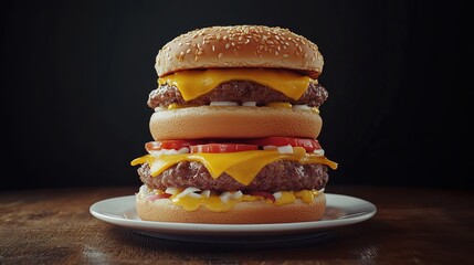 Towering Burger Stacked High with Melting Cheese, Fresh Veggies, and Soft Sesame Bun