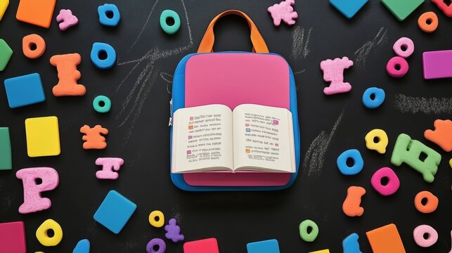 Happy Teachers Day. School backpack and open book on blackboard background with chalkdrawing dooles and lettering. Vector illustration.
