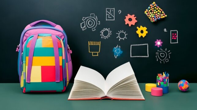 Happy Teachers Day. School backpack and open book on blackboard background with chalkdrawing dooles and lettering. Vector illustration.