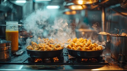 In the heart of an Indian kitchen, golden samosas are frying, sending up clouds of steam and a savory aroma. The bustling environment reflects a love for cooking and tradition