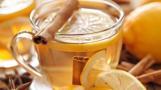 A pleasant lemon tea with wedges of lemon and a cinnamon stick