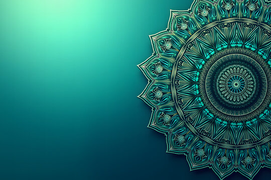 Intricate mandala design in teal and silver tones set against a gradient background