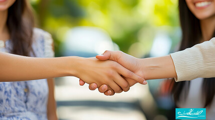 Smiling Customers Engaging in a Friendly Handshake Outdoors on a Sunny Day