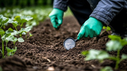 Researcher Examining Soil Sample with Magnifying Glass in Agriculture Field