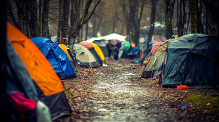 Crowded Makeshift Refugee Camp with Tents in a Filthy Environment Surrounded by Trees