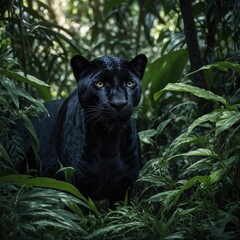 A mysterious black panther hiding in the shadows of a lush jungle.