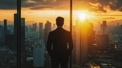 Contemplative young caucasian male overlooking city at sunset