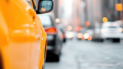 Yellow taxi cab on busy city street with blurred background of cars and urban environment during the day in a metropolitan area
