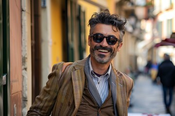 Portrait of a stylish mature man smiling, wearing sunglasses and a jacket, walking down a city street