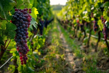 Close up of ripe red grapes growing in a vineyard, illuminated by the warm glow of the setting sun