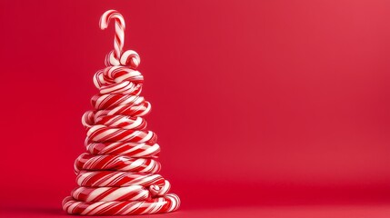 Colorful Candy Cane Christmas Tree on Vibrant Red Background for Festive Holiday Cheer and Decoration Inspiration