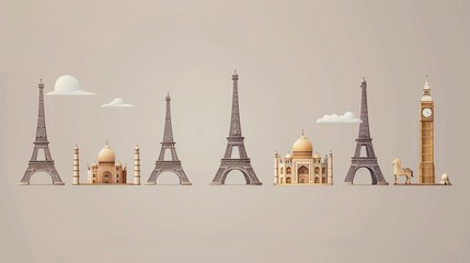 A row of famous landmarks from around the world, including the Eiffel Tower, the Taj Mahal, and Big Ben.